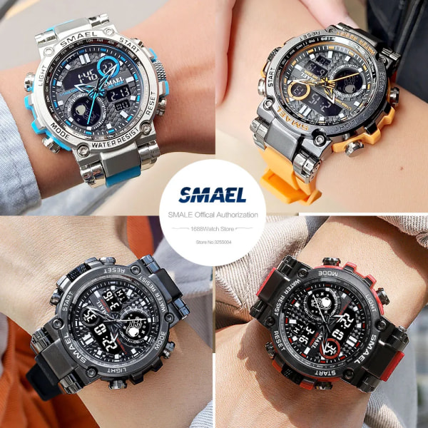 SMAEL Light Blue Sport Digital Watch för män Vattentät Dual Time Display Chronograph Quarz Armbandsur med Auto Date Week 1803B Black Gold