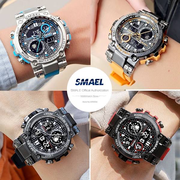 SMAEL Light Blue Sport Digital Watch för män Vattentät Dual Time Display Chronograph Quarz Armbandsur med Auto Date Week 1803B Red-Box