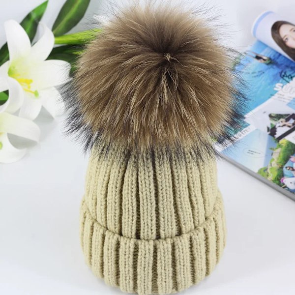 Vintermössa med Pompom i Mink och Ball Cap för Kvinnor och Flickor, Stickad Beanie, Helt Ny, Tjock Kvinnomössa, 50-54-60 cm beige child 50-54CM