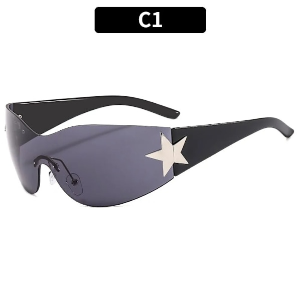 Y2K Solglasögon för kvinnor Män Trendiga båglösa Star Punk One Piece Goggles Oversized Wrap Around Solglasögon 2000-talsglasögon UV400 Solglasögon A-C1