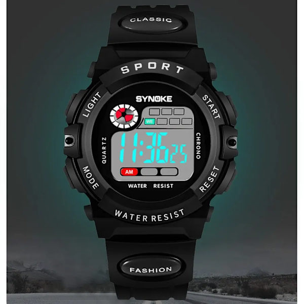 SYNOKE Men Sport Watch Multifunktion Militär Vattentät Lysande LED Digital Kids Big Dial Student Boy Samurai Black