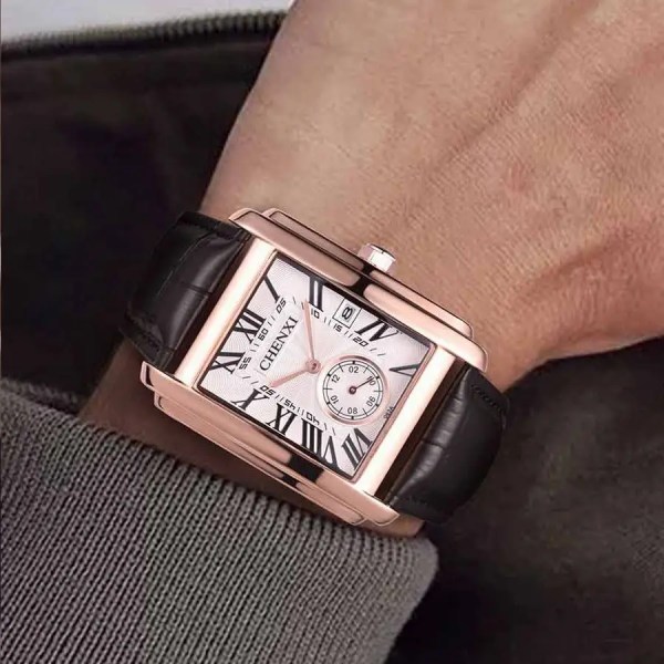 Topp lyxvarumärke fyrkantiga armbandsur för män Unik design roséguld kalender watch äkta läder kvarts Business manlig klocka Steel Silver Blue 3