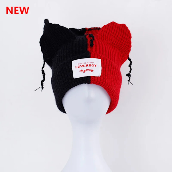 Söt Mode Huva Cap Loverboy Katteöra Stickad Hatt Dubbellager Varm Grisöra Hatt Nisch Design Hip-Hop Personlighet Kalla Hatt E62black red ear M 56-58cm