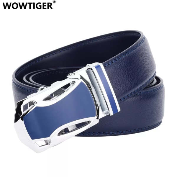 WOWTIGER blått läder herrbälte Högkvalitativ legering automatiska spännbälten för män 3,5 cm bredd justerbar lyxmärkesrem Blue 120cm
