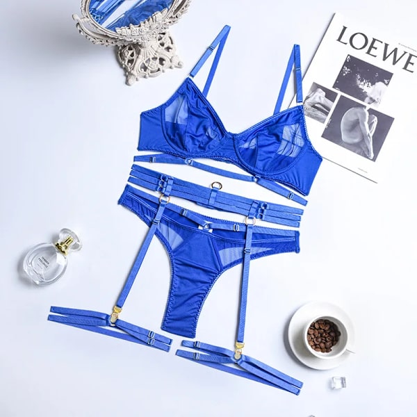 YBFDO 3-delad BH Set Dam Patchwork Genomskinlig Mesh Underkläder Dam Sexiga Fancy Transparenta Set blue M