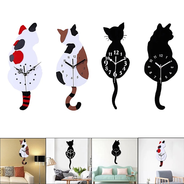 1 st 3D Katt Kvarts Väggklocka Svängande Svans Pendel Batteridriven För Sovrum 160x380mm