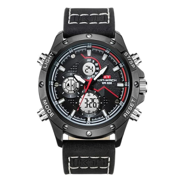 Simning 50M Sport Stor urtavla Läder Vattentät watch Herr Digitala klockor utomhus LED Elektronisk Militär Väckarklocka Manklocka NYHET Black
