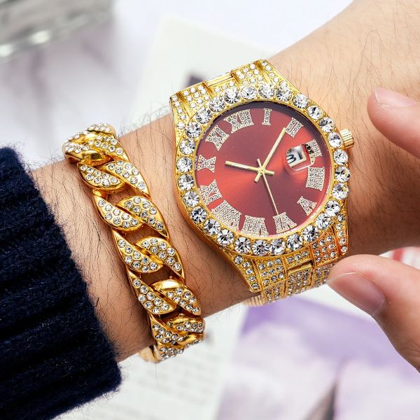 2 st Watch+armband Hip Hop rostfritt stål Watch för män Iced Out stenlagda strass herrklocka Watch Hombre 2pcs Set Gold Red