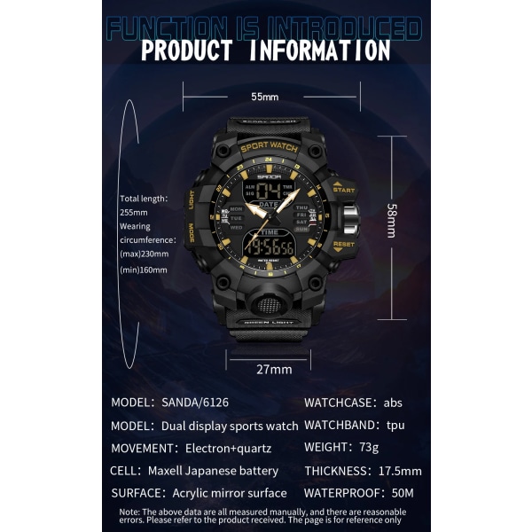Ny 2023 Step Calorimeter Single Display Electronic Sanda 6126 Watch Simple Nightlight Vattentät Sport Electronic Watch white black