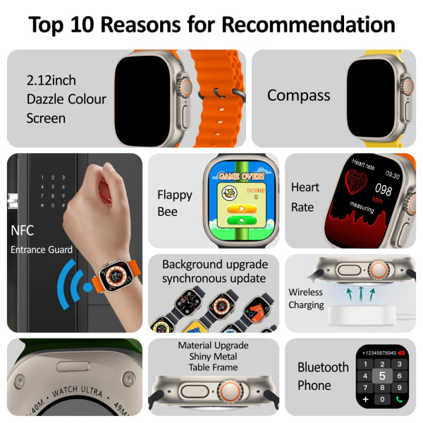 HK8 Pro Max Ultra Smart Watch Herr 49mm AMOLED Skärm Kompass NFC Smartwatch Blodtryck Fitness Klockor för Android IOS Orange