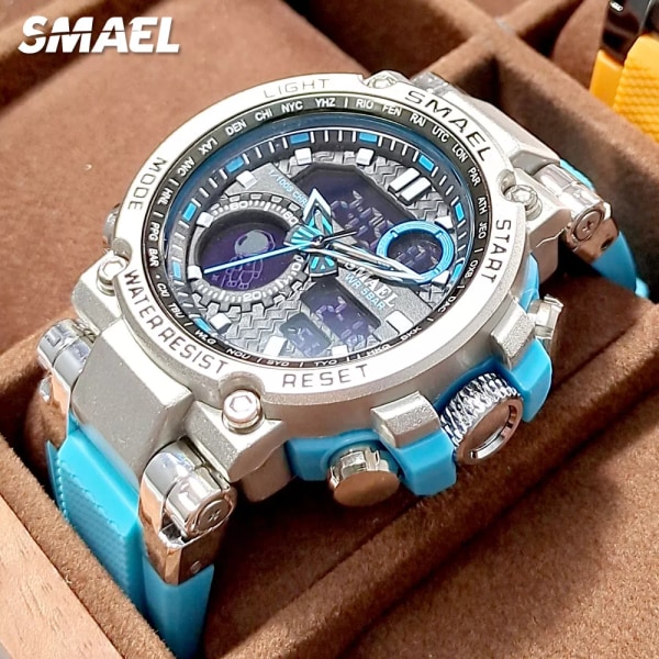 SMAEL Light Blue Sport Digital Watch för män Vattentät Dual Time Display Chronograph Quarz Armbandsur med Auto Date Week 1803B Yellow-Box