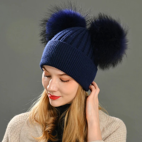 Dubbel Pompom-mössa för kvinnor, vintermössor, stickade mössor, mössor, beanies, flickor, två pompom-mössa Brown match fur