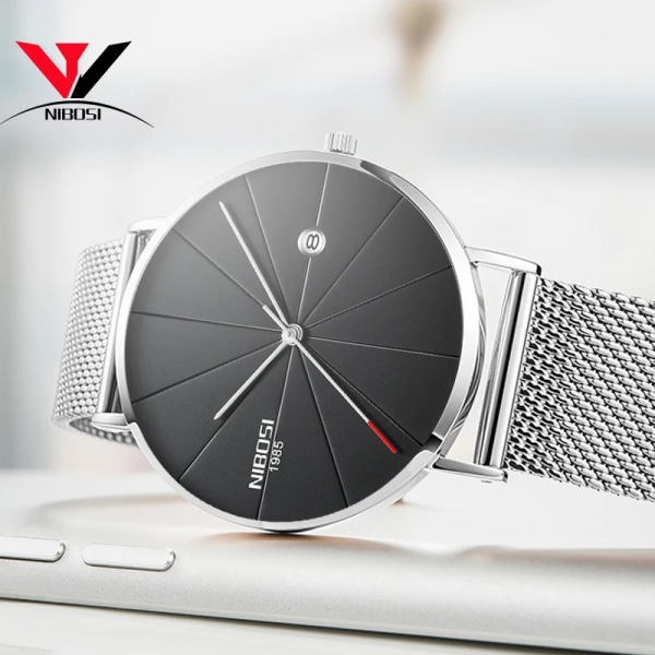 NIBOSI Ny herrklocka Ultratunna watch Enkla affärsklockor kvarts för män Relogio Maskulin manklocka Mesh -band SILVER GRAY M