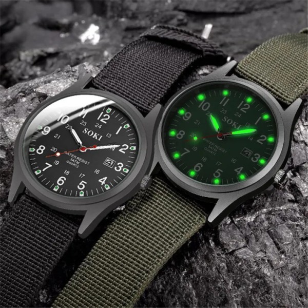 Mode Herrklockor Lysande Visar Klocka Lyx Militär Sport Date Quartz Armbandsur Herr Casual Nylon watch masculino green silver