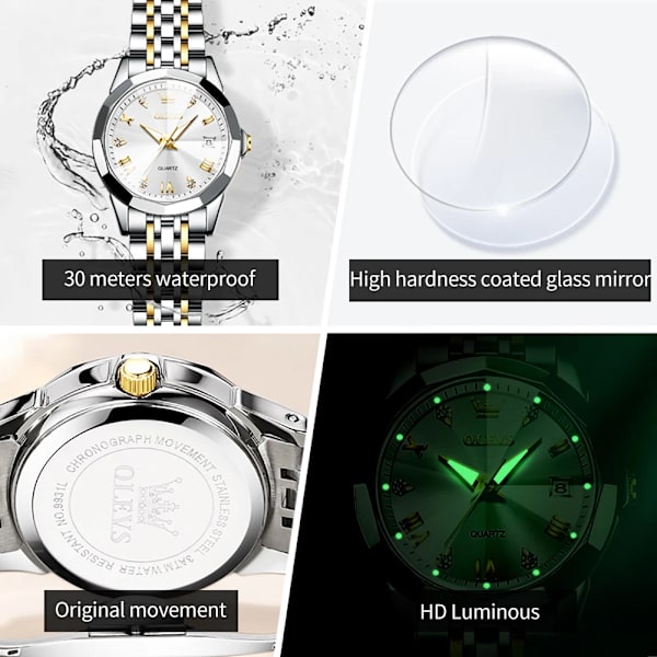OLEVS Toppmärke Damklockor Elegant Rhombus Mirror Original Quartz Damarmbandsur Rostfritt stål Vattentät Lysande Ny gold white