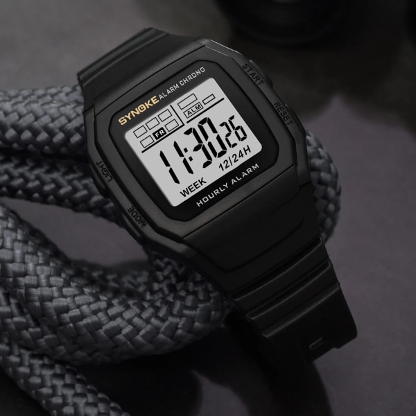 SYNOKE Män Digitala Sportklockor LED Display Timer 12/24 timmar Digital Elektronisk Armbandsur Vattentät Klocka Reloj Hombre 9023 Gold