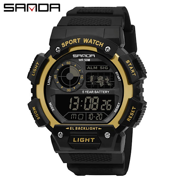 SANDA Herr Elektronisk Watch Lysande Vattentät Multifunktionell Utomhussport Herrklockor Watch Relogio Masculino 6009 Black Gold