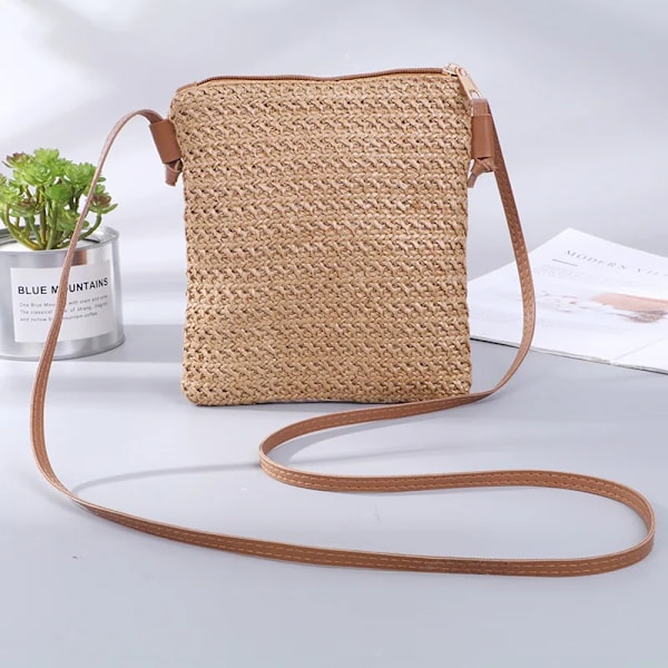 Halmfläta dam Små fyrkantiga väskor En axel lutande väska Handväska Myntväskor Sommar Casual Söt Semesterväska Beige Mini(Max Length20cm)