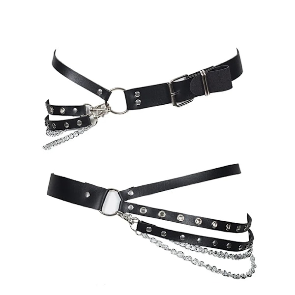 Mode Kvinnor Gotisk Punk Midjebälte Kedja Metall Cirkel Ring Design Silver Nål Spänne Läder Svart midjeband Jeans Midjebälten Black