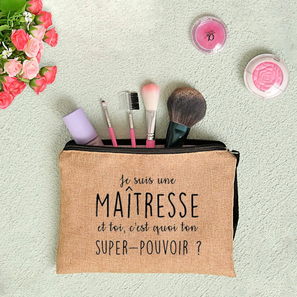 Sminkväska för kvinnor Kosmetisk väska Teacher Pouch Merci Ma&#238;tresse Lärare förvaringsväska Kosmetisk handväska Dragkedja Presentpåse till lärare C 003 (Linen)