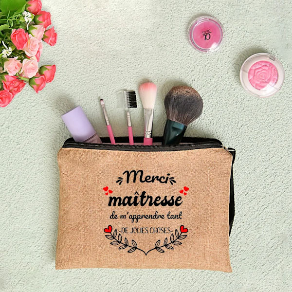 Sminkväska för kvinnor Kosmetisk väska Teacher Pouch Merci Ma&#238;tresse Lärare förvaringsväska Kosmetisk handväska Dragkedja Presentpåse till lärare C 003 (Linen)