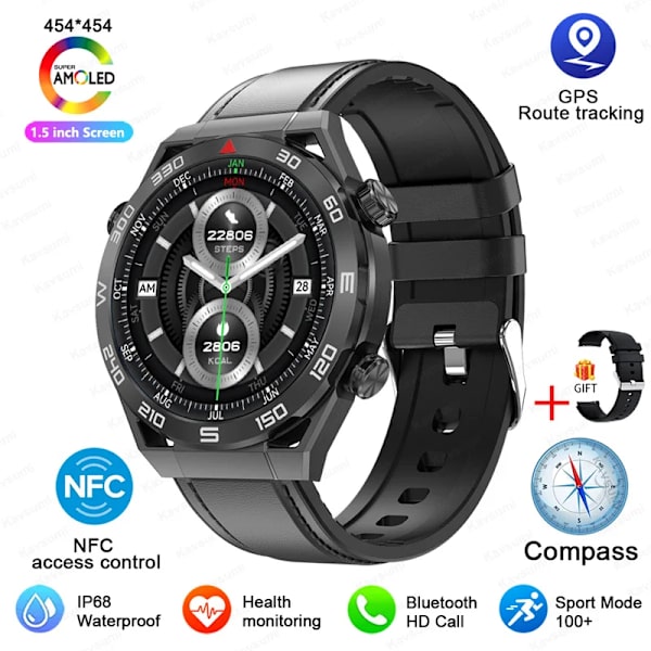 NFC AMOLED Smart Watch Herr Custom Dial Svara Ring Sport GPS Track Kompass IP68 Vattentät Smartwatch För Huawei Ultimate Black Leather