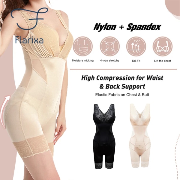 Flarixa Sexig spets Djup V Bodysuit Damkorsett Waist trainer Body Shaper Öppen gren Bodysuits One Piece Slimming Shapewear Beige-Boxer Shorts L