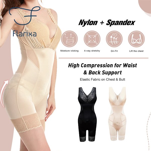 Flarixa Sexig spets Djup V Bodysuit Damkorsett Waist trainer Body Shaper Öppen gren Bodysuits One Piece Slimming Shapewear Beige-Briefs L