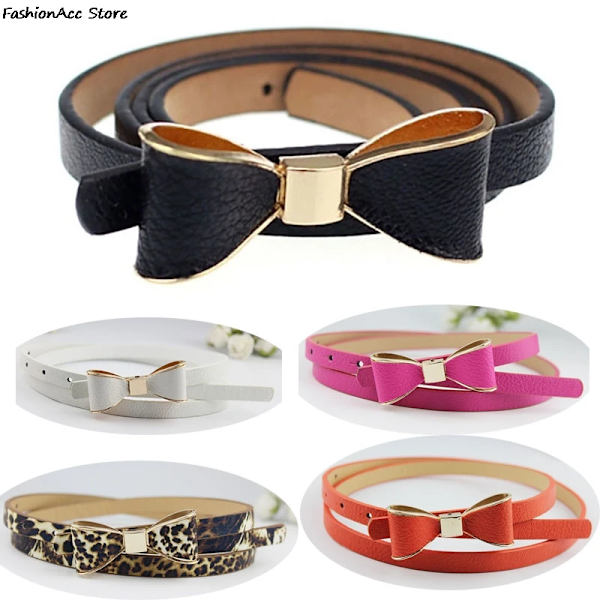 PU Läder Kvinnor Skinny Butterfly Rosett Midjebälte Dor Klänning smalt tunt midjeband White