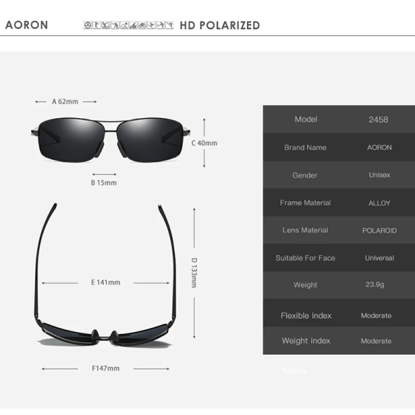 AORON Classic Retro Polarized Solglasögon Herr Rektangulära Solglasögon Aluminiumram Solglasögon Herr UV400 Black Black Zipper Glasses Case