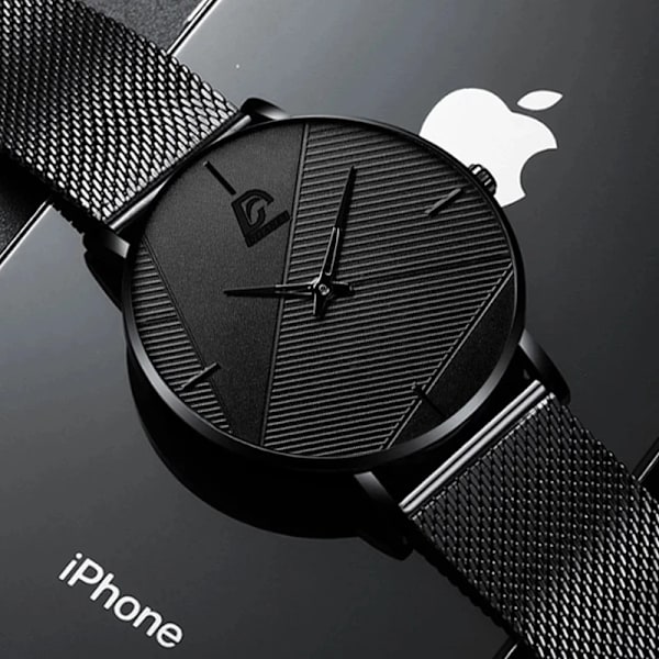 Märke Herrklockor Herr Enkelt Ultratunt mesh i rostfritt stål Bälte Quartz Clock Man Business Läder Armbandsur reloj hombre Mesh Black Red