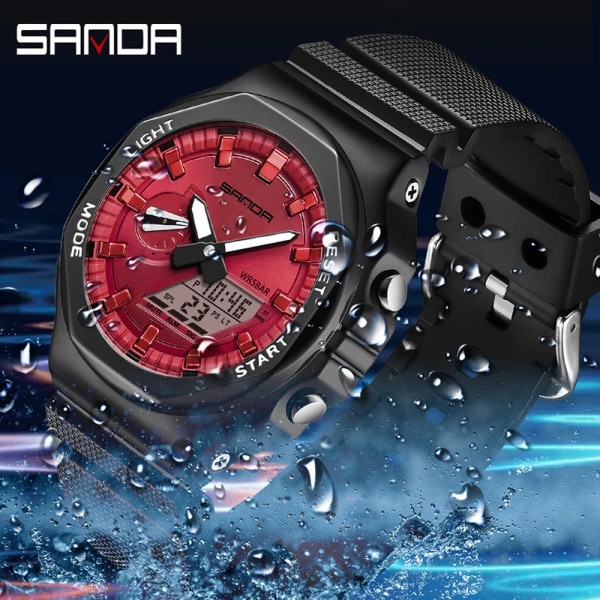 SANDA Fashion Nya sportklockor för män Militär Quartz Man Waterproof G-Style Watch For Herr Klocka reloj de hombre Black red