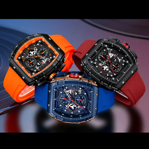 MINI FOCUS Chronograph Quartz Watch for Herr Tonneau Dial Military Sport Armbandsur med orange silikonrem Auto Date 0399 0399Rose Blue-Box