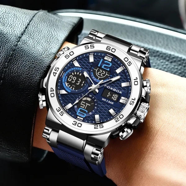 LIGE Nya klockor för män 50M vattentät klocka Alarm reloj hombre LCD Dual Display Armbandsur Quartz Military Sports Watch Silver blue