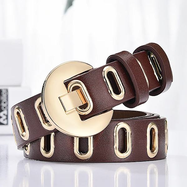 Nytt Grunge Kvinnor Bälte Justerbart hål Grunge Punk Bälten för Kvinnor Alloy Pin Spänne Läderbälte för byxor Klänningar Coffee 100cm
