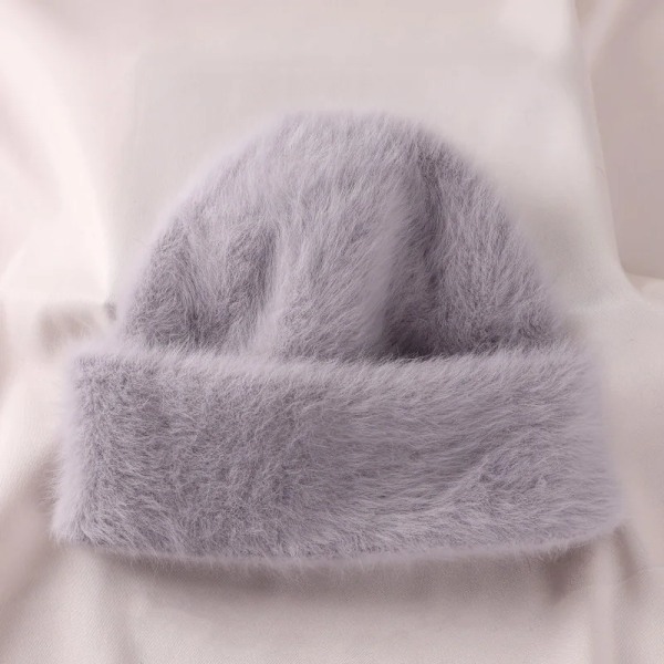 Angora Vintermössa för Kvinnor Stickad Fluffig Beanie Dammode Varm Plysch Skalle Kvinnors Tjocka Fleecehattar Light Grey One Size (Stretch)