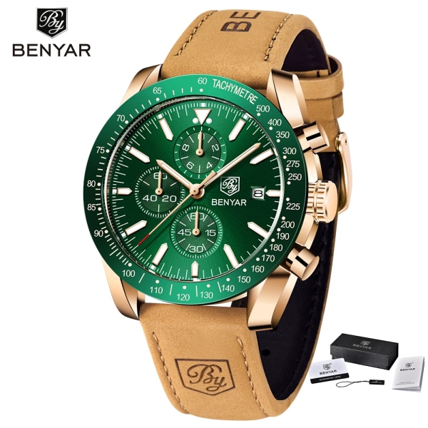 BENYAR Märklockor Märke Lyx Silikonrem Vattentät Sport Kvarts Kronograf Watch Herrklocka Relogio Masculino L Brown Gold Green