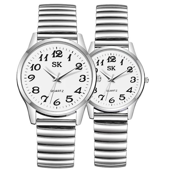 Mode Män Dam Armbandsur Par Flexibel Stretch Band Quartz Klockor Man och Dam Klocka Present Female Silver White