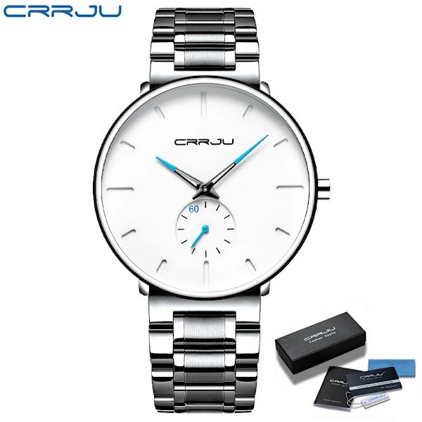 CRRJU Herrklockor Watch i rostfritt stål Casual Lyx Vattentät Watch för Herr Watch Relogio Masculino white BOX