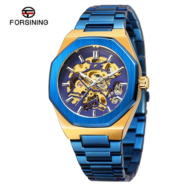 FORSINING Klockor Herr Vattentät rostfritt stål Automatisk kedja Armbandsur Skelett Mekanisk Watch Relogio Masculino Blue
