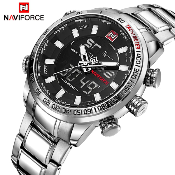 Herrklockor Lyxmode Watch NAVIFORCE Märke Herr Quartz Analog Digital klocka Man Vattentäta klockor i rostfritt stål SBR-BOX