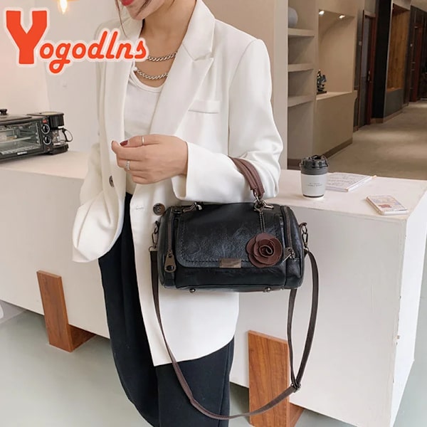 Yogodlns Nya blommor Hängande handväska Dammode Boston väskor enkel axelväska dam crossbody väska PU messenger bag winered 27x14x17cm