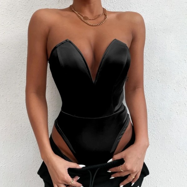 Satin Enfärgad Romper Heart Neck Bodycon Jumpsuits Ärmlösa toppar Kläder Insgram Style Tyg för kvinnor Fester Black for M