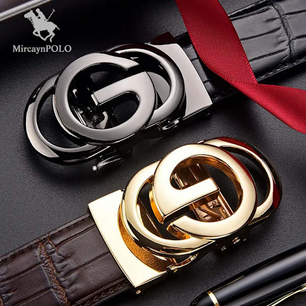 MircaynPOLO Herr Krokodilmönster Bälte Herr Lyx Automatisk Zinklegeringsspänne Märke Kohud Läderbälten GG manlig midjeband EG-Gold-Black 115cm