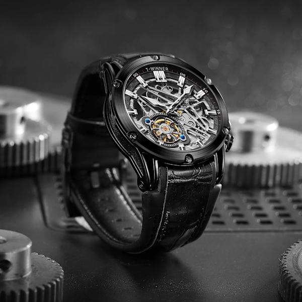 T-vinnare Ny 2023 män automatisk mekanisk watch Läderrem Skelett Mode Vattentät för manliga presentklockor black