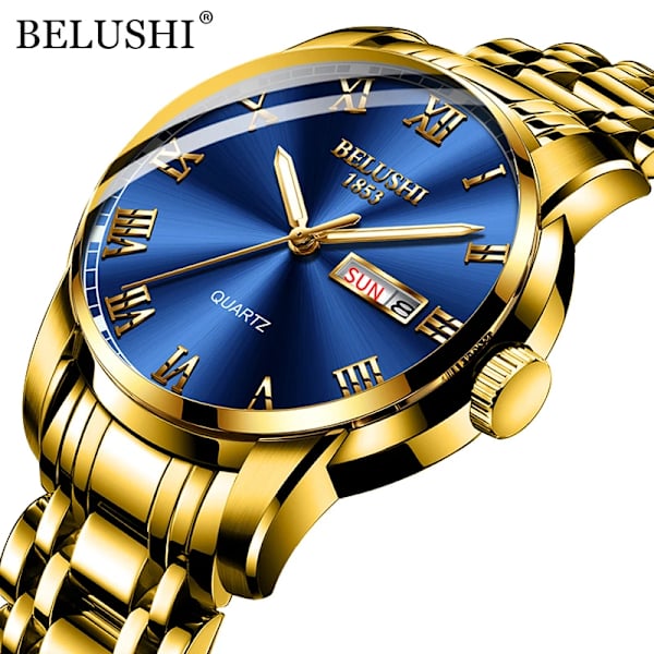 BELUSHI Herrmode Business Quartz Klockor Topp Lyx Märke Helt Stål Vattentät Analog Armbandsur Herr Kalenderklocka Golden Blue