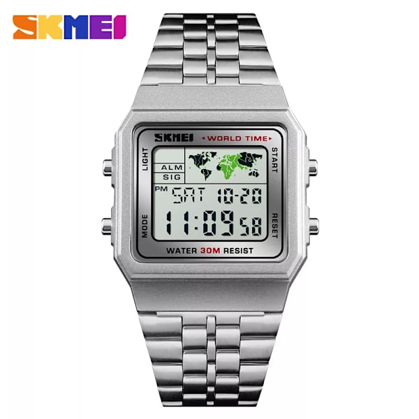 SKMEI Top Lyx Mode Watch Herr Väckarklocka 3Bar Vattentät Rostfritt stål Armband Digitala klockor reloj hombre 1338 sllver
