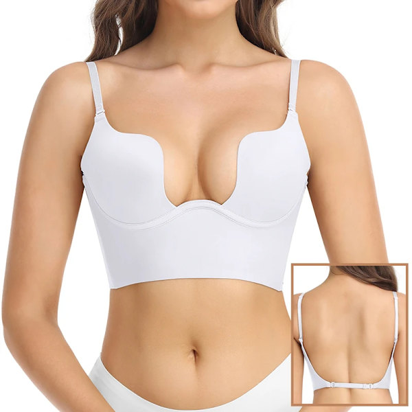 Kvinnors sexiga djupa U-hals BH Shaper Rygglös Push Up Bröst Underkläder BH Lågskurna Plunge Bröllopsunderkläder Korsett Ivory M