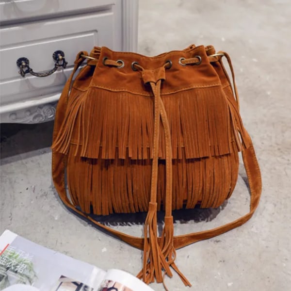 Mode Retro Faux Mocka Fringes Dam Messenger Bags Tote Ny Handväska Tofs Axel Handväskor Crossbody Bag Tofs Hink Brown