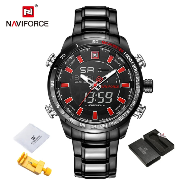Herrklockor Lyxmode Watch NAVIFORCE Märke Herr Quartz Analog Digital klocka Man Vattentäta klockor i rostfritt stål BBR-BOX